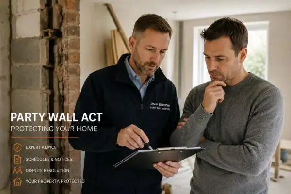 Party wall surveyor Bedworth discussing extension plans with homeowner outside a UK semi-detached house.